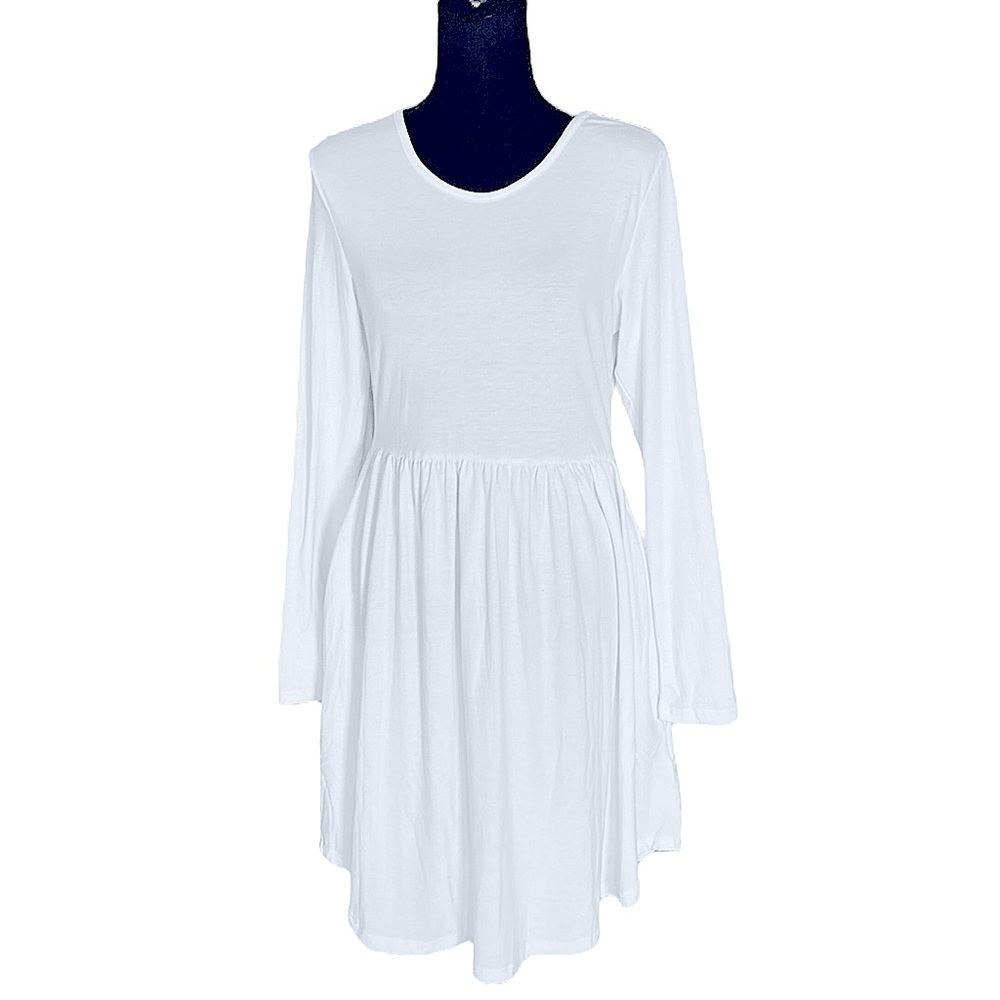 LONGYUAN Knee High White Long Sleeve Dress with pockets - Picture 2 of 14